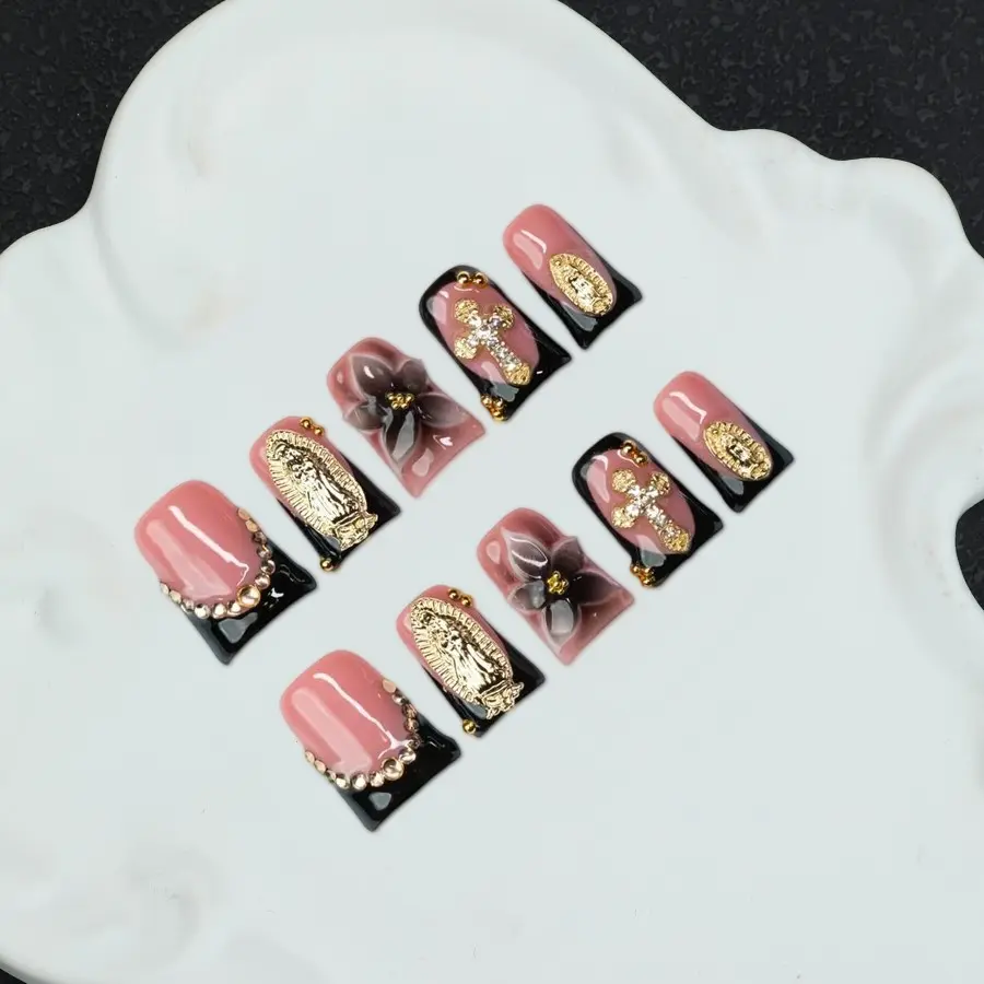 10 pieces/set handmade Y2K Baddie style, nude and black, French, carved pattern, rhinestone, cross and saint pendant design, suitable for women and girls, parties, weddings, daily wear, perfect gift with tool kit, Fake Nails, Press On Nails
