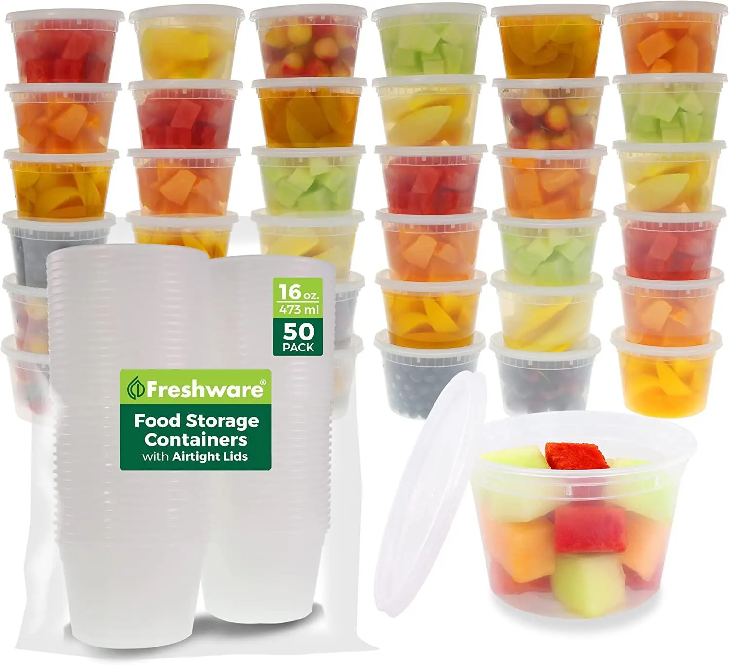 16 oz Food Storage Containers with Lids, 50 Pack Leakproof Meal Prep Deli Containers, BPA Free Stackable Plastic Containers, Microwave Dishwasher & Freezer Safe Freshware Airtight Kitchen