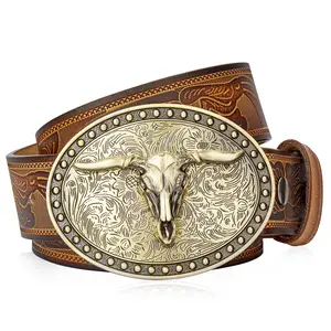 BISON DENIM Men's Western Style Belt with  Longhorn Cow Pattern Buckle with Printed Engraved Buckle Strap Adjustable