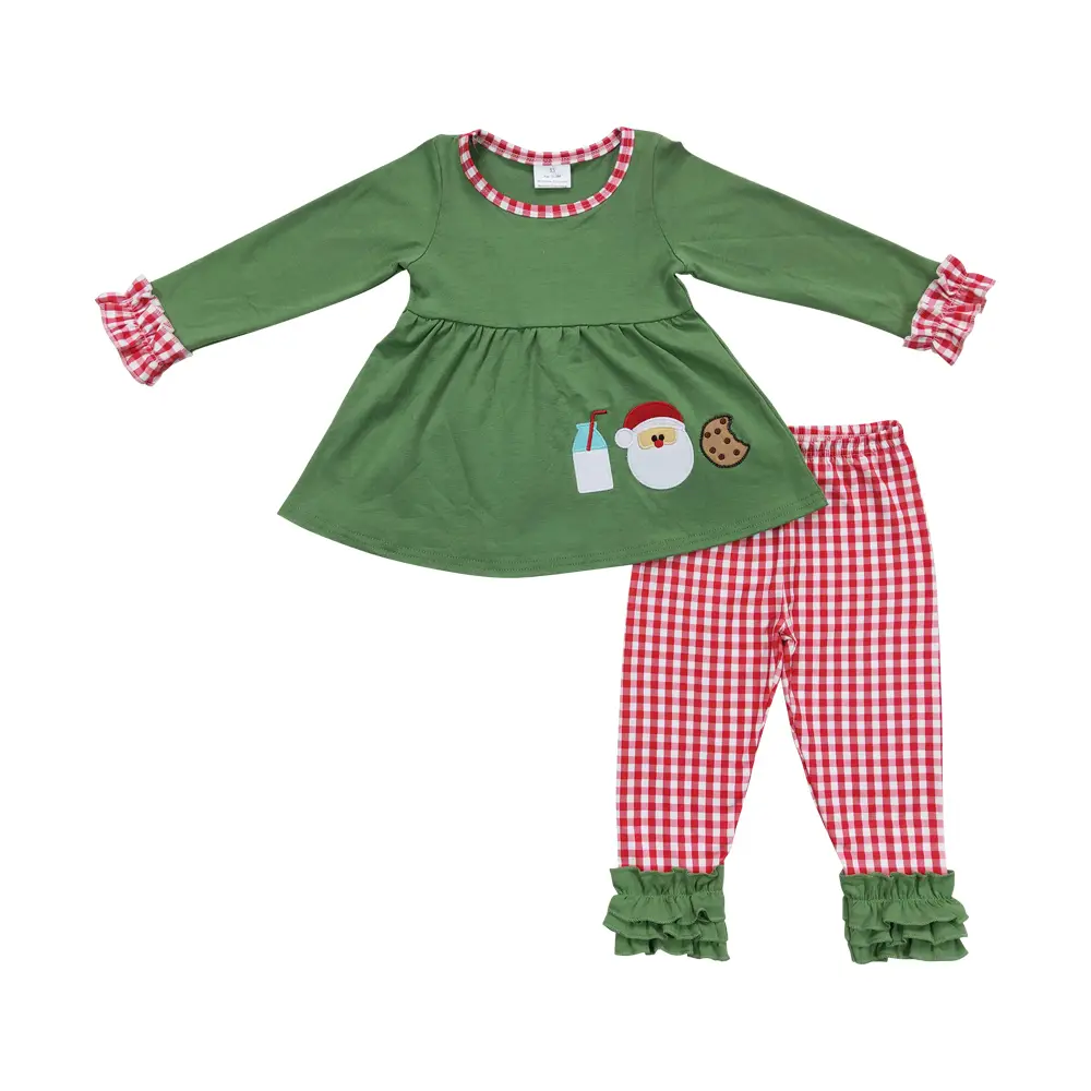 GLP0356--Christmas Girls embroidered Santa cookies Milk green long sleeve set