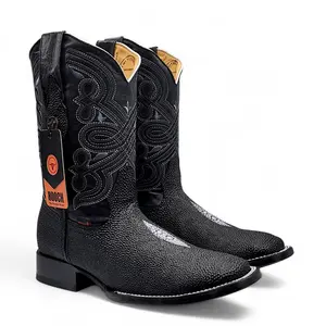 Men’s Wide Square Toe Stingray Print Western Boot with Single Stone