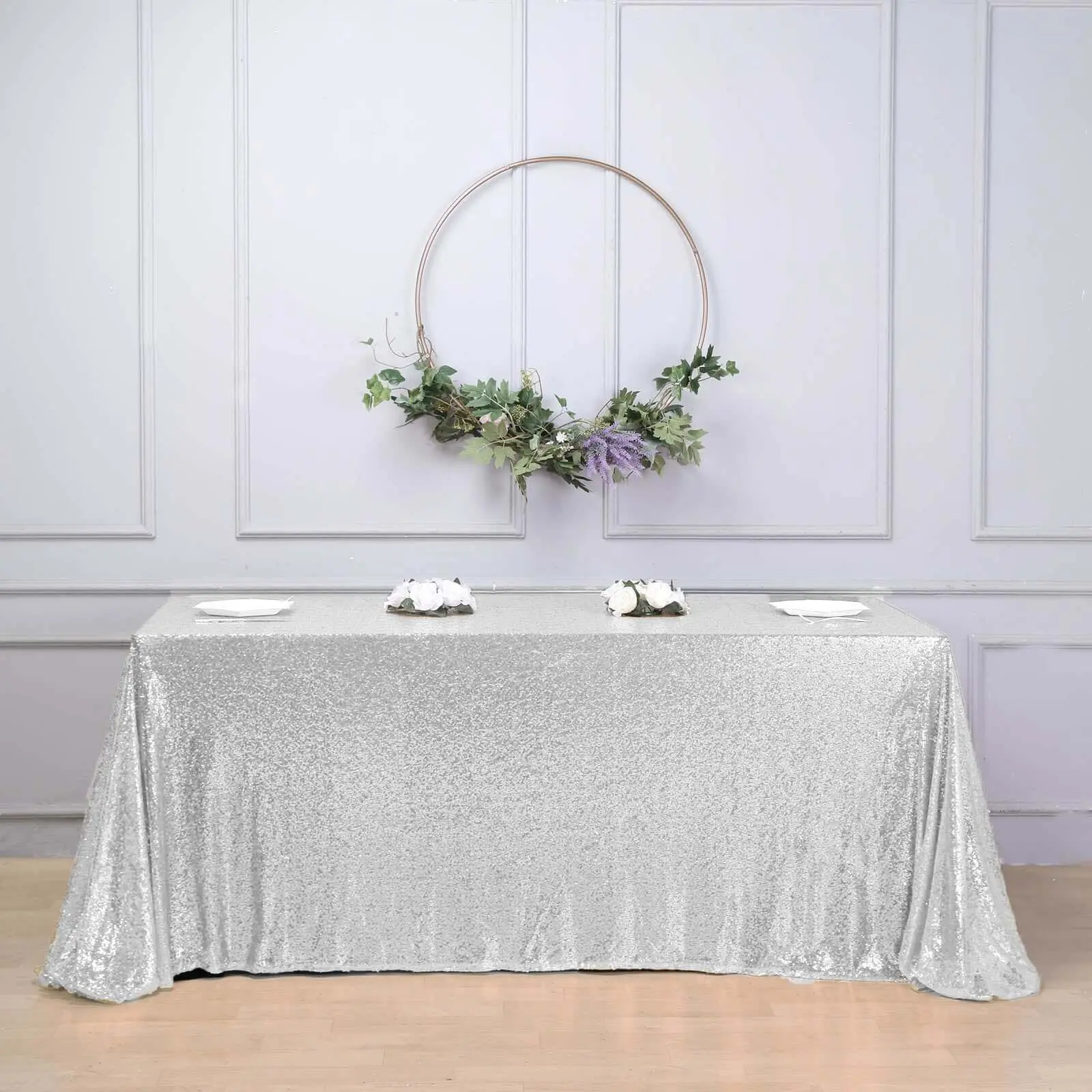 90"x156" Seamless Silver Sequin Rectangle Tablecloth - Modern Elegant Decoration for Wedding, Party Decor, Birthday; Dry Clean Only Outdoor Table Display Cover
