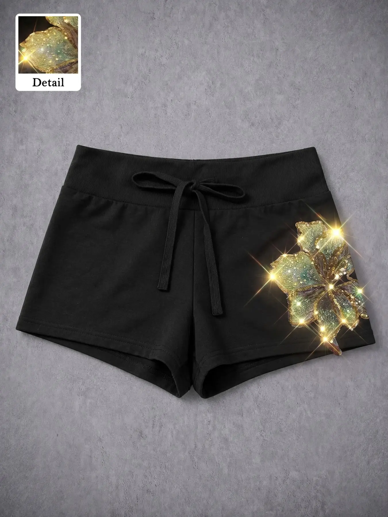 and Gold Floral Shorts with Drawstring High Waist Slim Fit for Women, Fashionable Casual Summer Bottoms with Sparkling Rhinestone Detailing, Elegant Daily Wear, Glitter Shorts