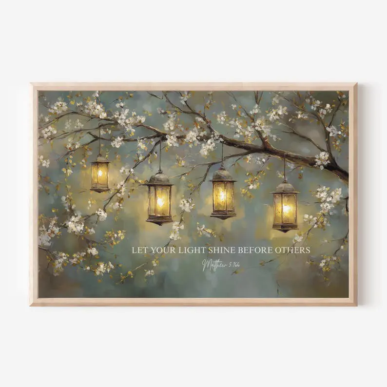 Let Your Light Shine, Matthew 5:16 Scripture Art, Christian Wall Art, Lantern Blossoms Unframed