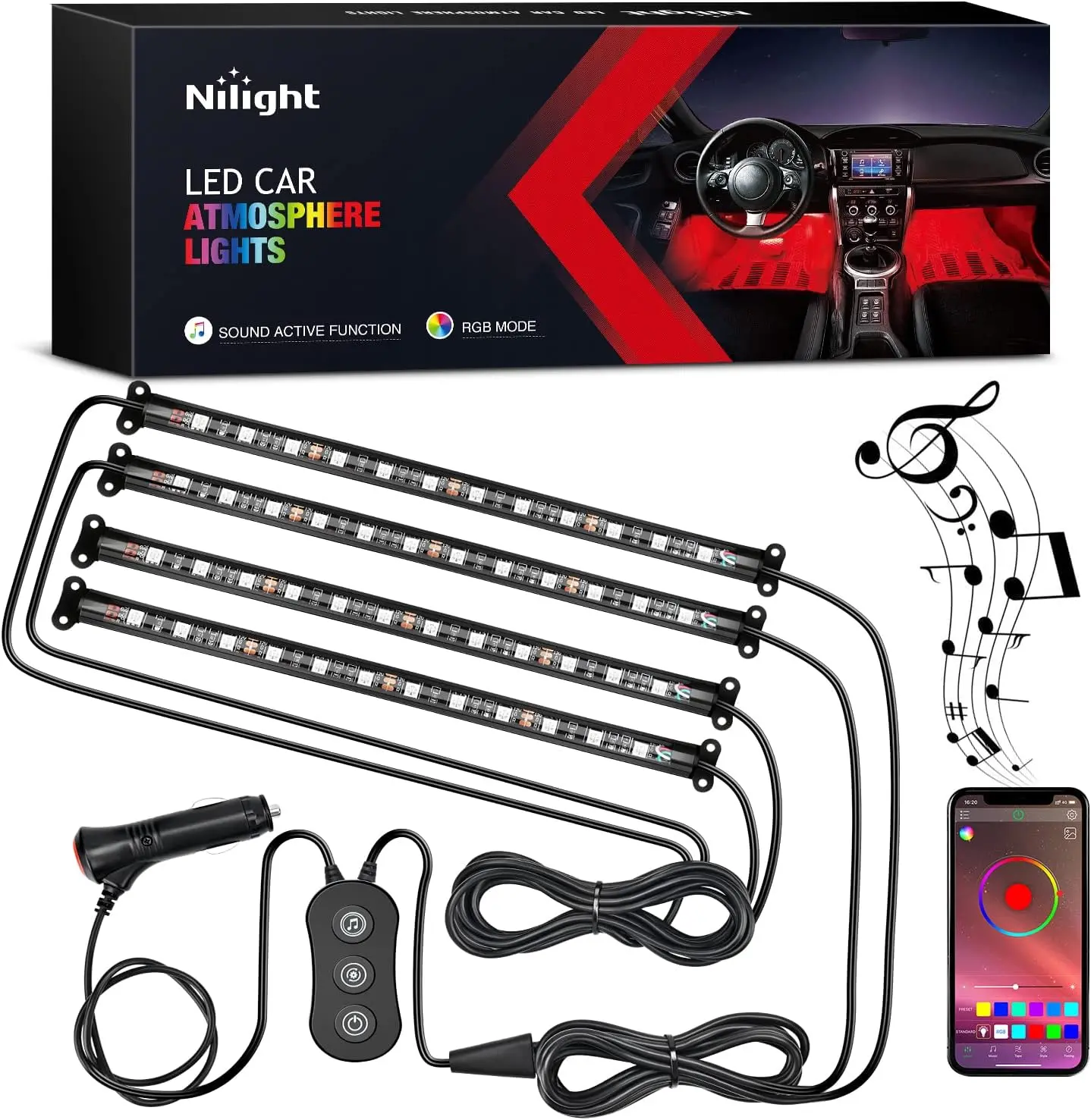 Nilight LED Car Ambient Light, Multifunctional APP-Controlled RGB Strip Light with 16M Color Options, Music Sync, USB Rechargeable Portable Automotive Decorative Accessory for Cars Trucks SUVs, Multifunctional Ambient Lights