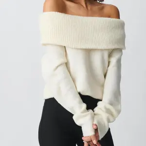 Women's Off Shoulder Crop Sweater Solid Color Boat Neck Long Sleeve Loose Knitwear Pullover