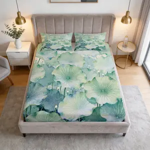3 Piece Watercolor Lotus Leaf Fitted Sheet Set, Green Lotus HD Digital Print Bedding Set, Soft Breathable Deep Pocket Bed Sheet with Pillowcases for Bedroom & Dorm (Insert Not Included)