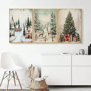 Christmas Poster Set, Three-Piece Framed Canvas Wall Art Decorations, Festive Holiday Home Decoration, Perfect for Christmas Celebrations
