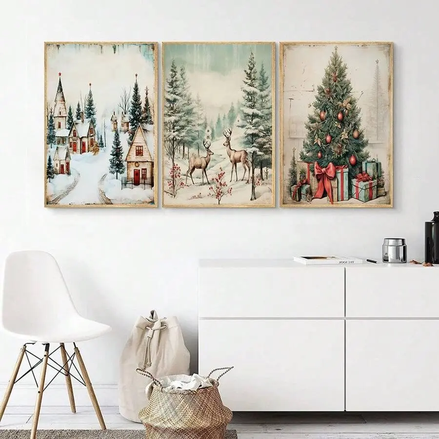 Christmas Poster Set, Three-Piece Framed Canvas Wall Art Decorations, Festive Holiday Home Decoration, Perfect for Christmas Celebrations