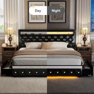 Sibeds Queen High Bed Frame with LED Lights, 2 Storage Drawers, Adjustable Crystal Tufted Headboard, No Box Spring Needed, PU Leather or Velvet Upholstery, Black/White/Beige/Gray