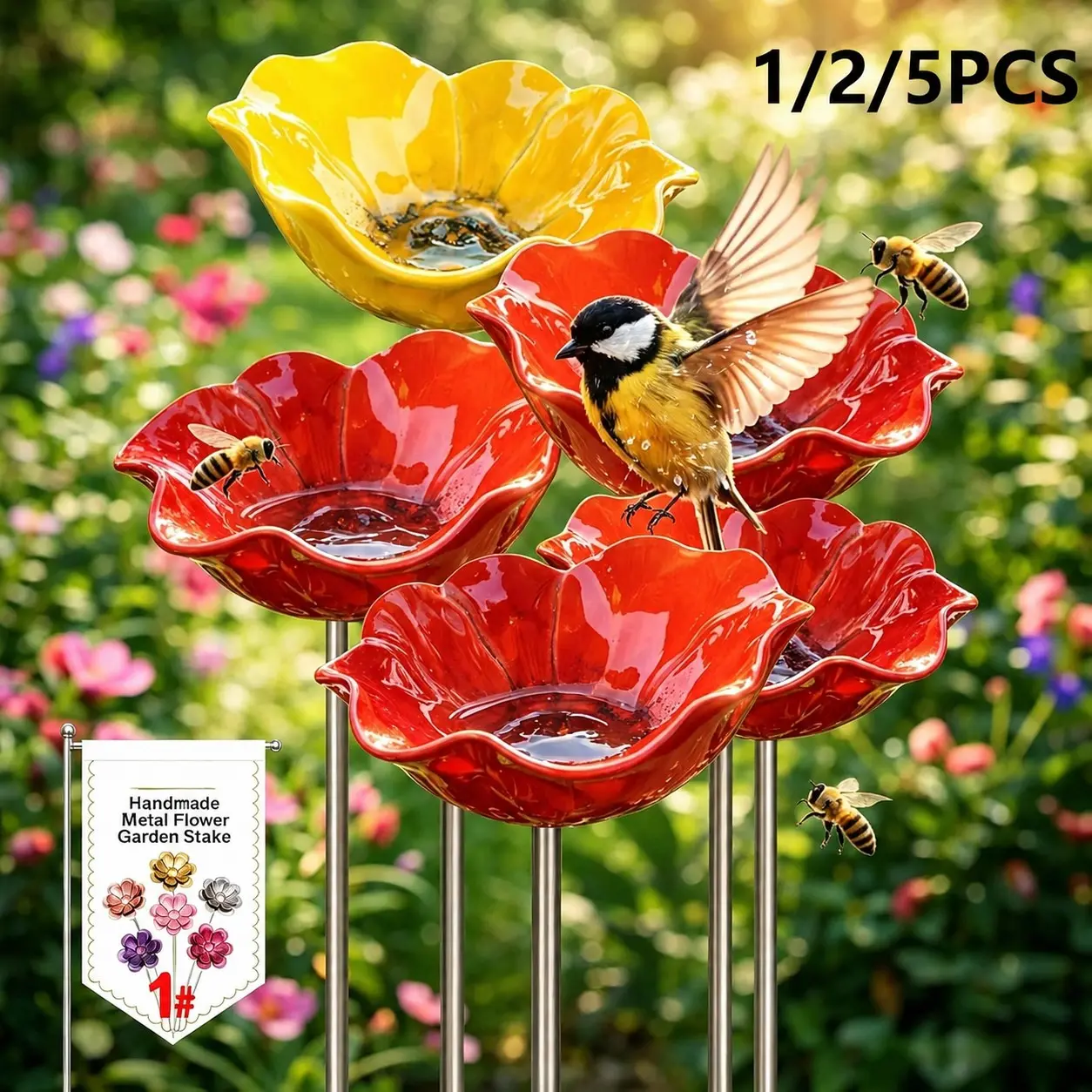 Metal Flower Garden Stakes Bird Bath Handmade, Bee Watering Station, Bees Bath for Garden Metal Bee Water Feeder with Flower Design, Colorful Butterfly Bees Bath Bowl for Outdoor Yard Decor, Bird Feeding Tool