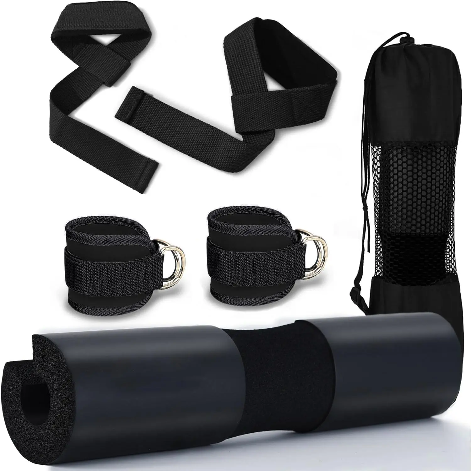 Squat Pad with Ankle Straps & Wrist Straps Set, Gym Accessories, Workout Equipment, Training Equipment, 1 Set Foam Barbell Pad for Squats, Lunges & Bar Padding for Hip Thrusts, Exercise Machine Accessories