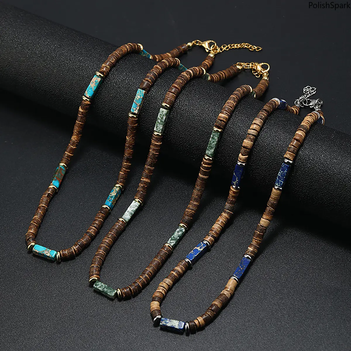 Bohemian Coconut Shell Beaded Pendant Choker Necklace - Natural Stone, Adjustable Vintage Charms Choker, Boho Shell Detail Surfer Beach Vibe Sports & Outdoor Accessory Gift For Women, Beaded Pendant Necklace, Charms Choker Necklace