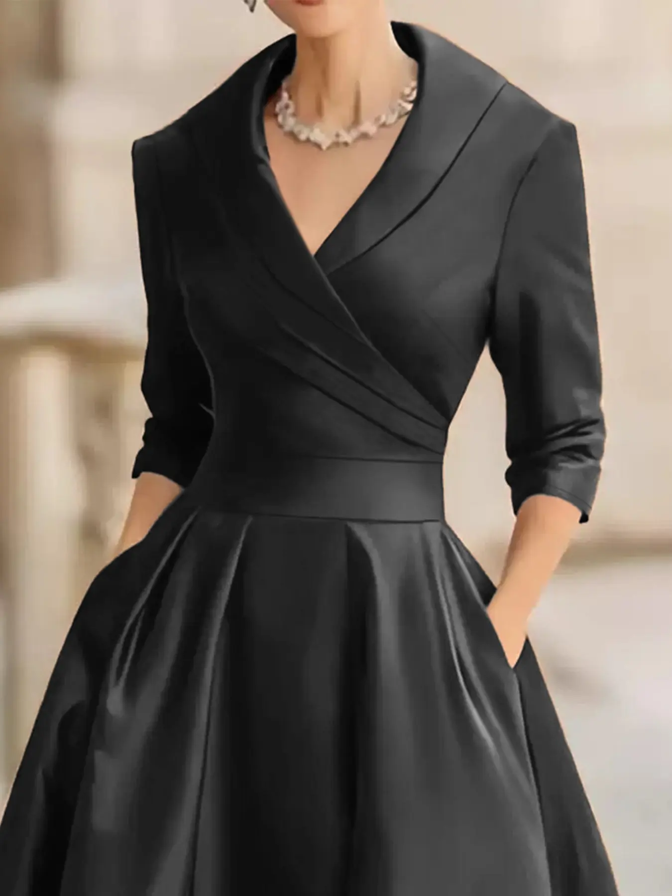 Women's Versatile Feminine Solid Color Deep V-Neck Long-Sleeve Dress, French Vintage Waist-Cinching Formal Party Dress, Chic Elegant