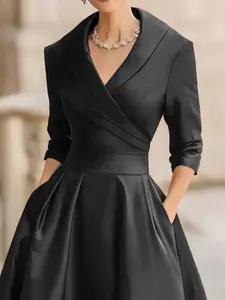 French Fashion Versatile Solid Color Deep V Neck New Women's Long Sleeve Dress, Vintage European Style Waist Cinching Party Dress