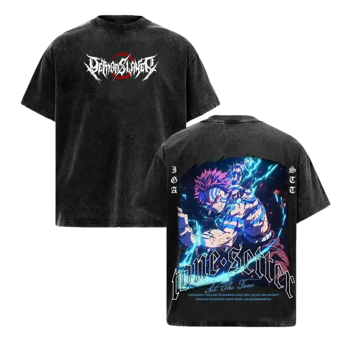 Demon Slayer Akaza Vintage Washed Graphic Tee Upper Moon 3 Heavy Cotton Oversized Anime Shirt Double Printed Streetwear Top Men Women Japanese Manga KNY Y2K Clothing Gym Pump Cover Cosplay Casual Aesthetic Fashion Merch Tone Setter Retro Apparel
