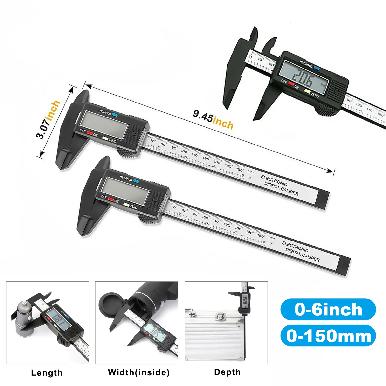 2-Pcs High Precision Digital Calipers - Hand Measuring Tool, 0-6in/0-150mm LCD Display, Multi-Measurement Functions, Batteries Included, for Industrial & Automotive Use
