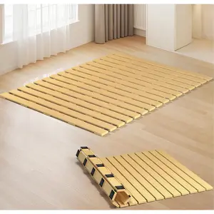 Japanese tatami floor bed, knotless solid wood construction, roll-up slat design, bed platform with two storage straps, moisture-proof and breathable—ideal for sleeping on the floor or using a futon mattress, twin size