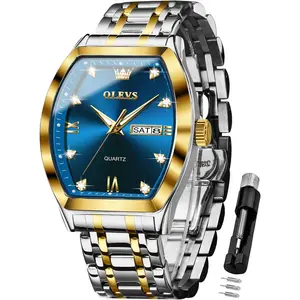 OLEVS Square Watches for Men Diamond Analog Quartz Stainless Steel Big Face Business Luxury Dress Mens Wrist Watch with Date Waterproof Luminous