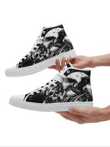 Men's Fashionable Cartoon Skull / Crow Print High Top Sneakers, Casual Comfortable Breathable Lightweight Sports Shoes, Male All-match Round Toe Shoes for Daily Wear