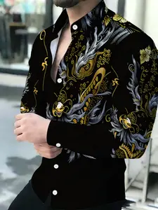 Men's Breathable Lapel Long-Sleeved Black Gold Dragon Print Cardigan