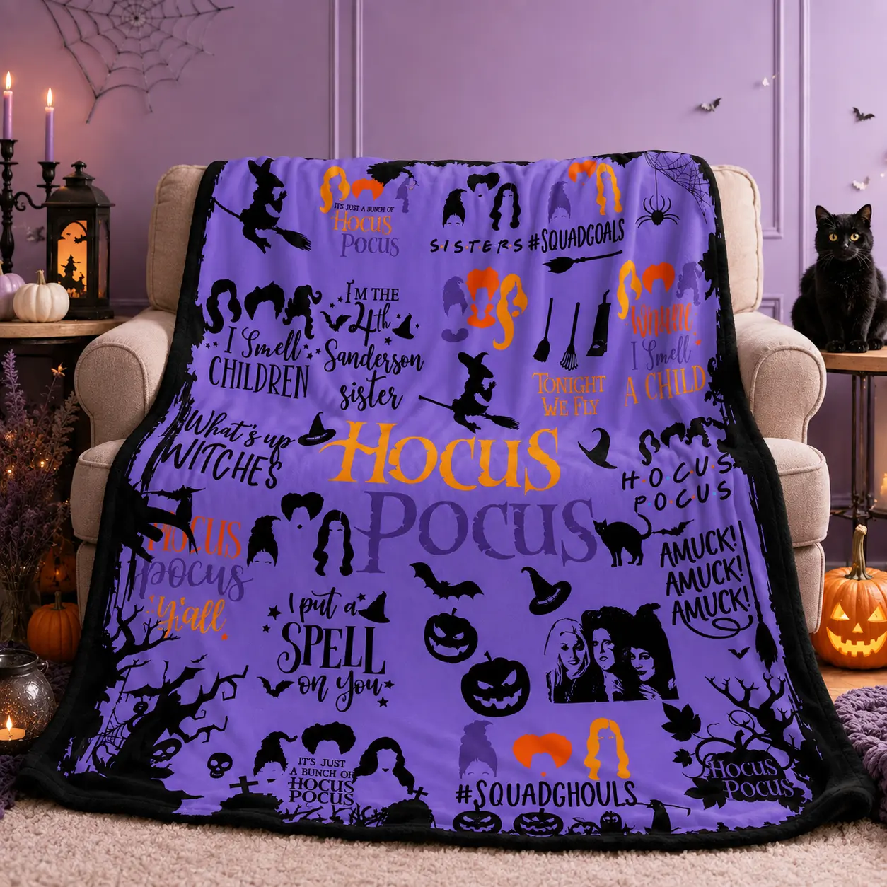 Hocus Pocus Movie Witch Halloween Throw Blanket, Soft Warm Cozy Blanket for Couch Sofa Bed Bedroom Chair Decor, Halloween Decorations Gift