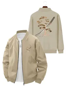Japanese Style Men's Casual Long Sleeve Bomber Jacket with Pine Tree and Samurai Sword Print on Back and Small Print on Front