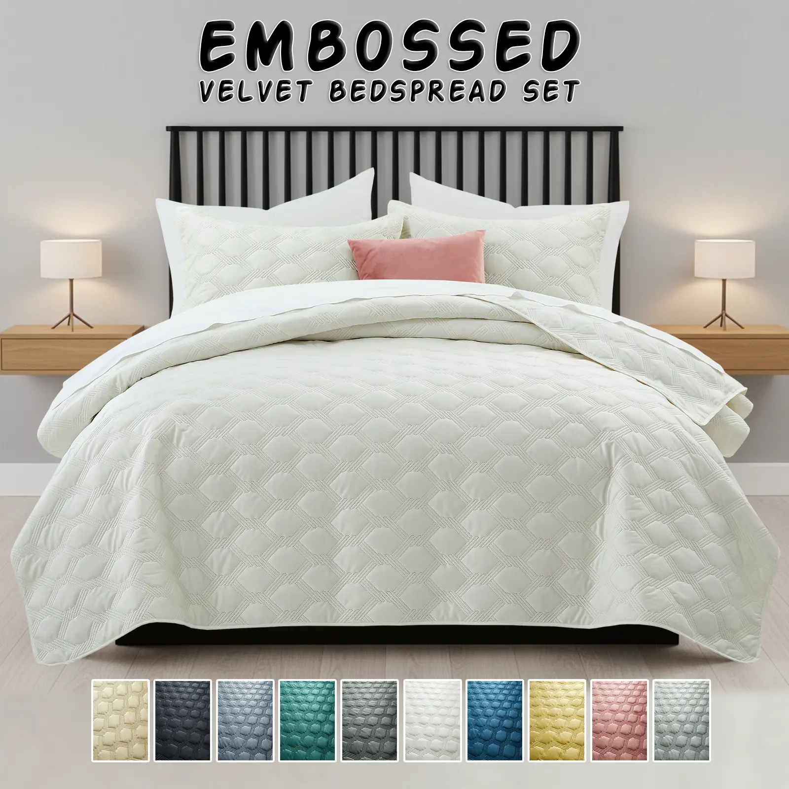 Oxford Homeware Lydia Ultrasonic Embossed Velvet Bedspread Set – Soft Microfiber Quilted Bedding, Lightweight Bedspread with Pillow Sham(s), Wrinkle & Fade Resistant, Machine Washable, Twin, Full/Queen & King sizes