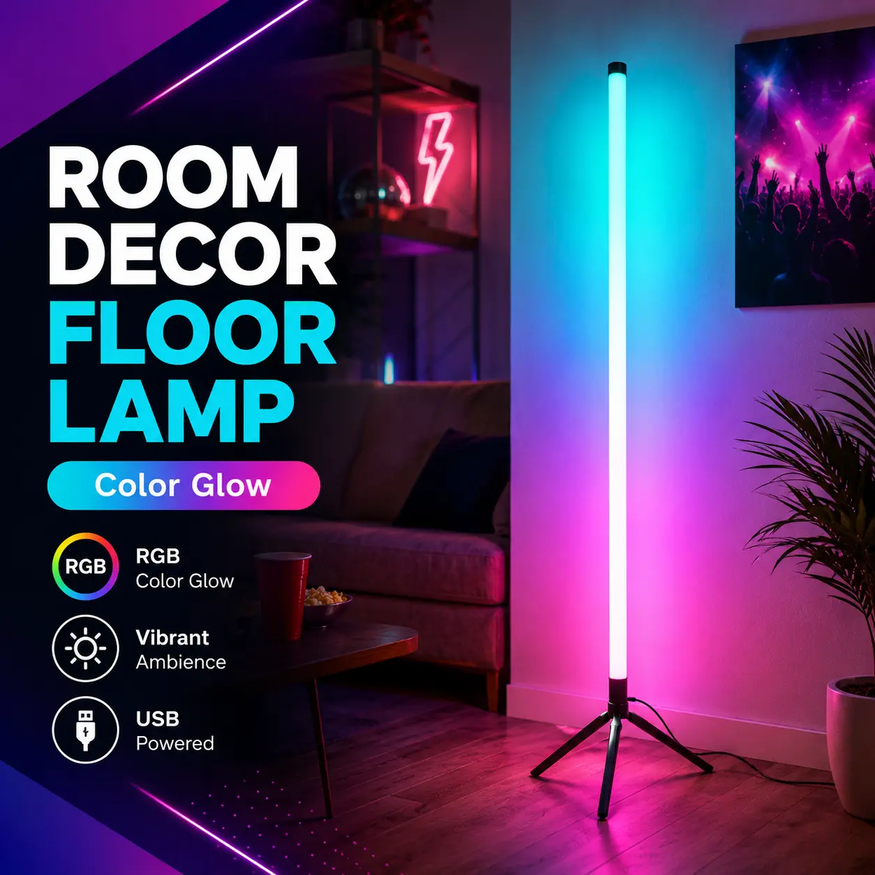 RGB Room Decor Floor Lamp, Color Glow LED Standing Light with Tripod Base, USB Powered Ambient Lamp for Bedroom, Dorm, Gaming Setup & Living Room