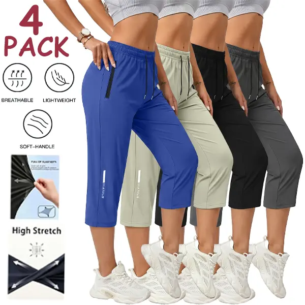 Pack of 4 women’s ice silk quick-dry three-quarter athletic pants — breathable, stretchy casual running pants sweat shorts