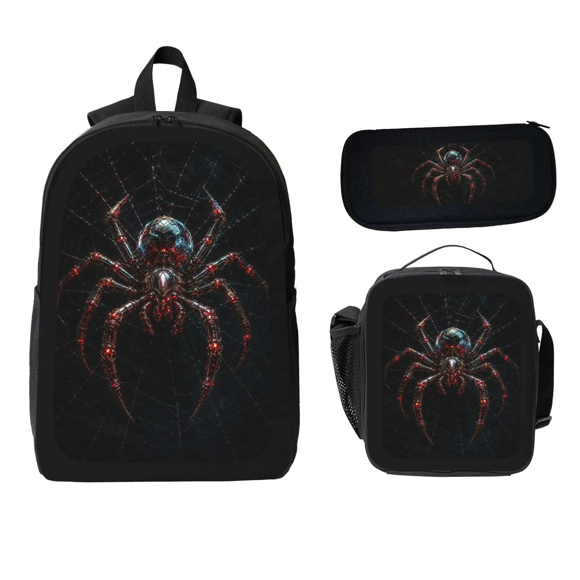 Dark Gothic Mechanical Spider Backpack Set 3 in 1, Spider Web Print School Backpack with Insulated Lunch Bag Pencil Case, Cool Gothic Backpack Set For Teens Boys Girls