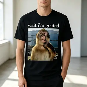 Monkey Meme T-Shirt "Wait I'm Goated", Funny Graphic Print Tee, Custom Cotton Shirt, Streetwear for Men Women