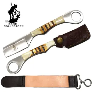 BC 866-BN 8" Bone Handle Razor Knife with Leather Sheath & Sharpening Strop Belt Stainless Steel, Guys Gifts
