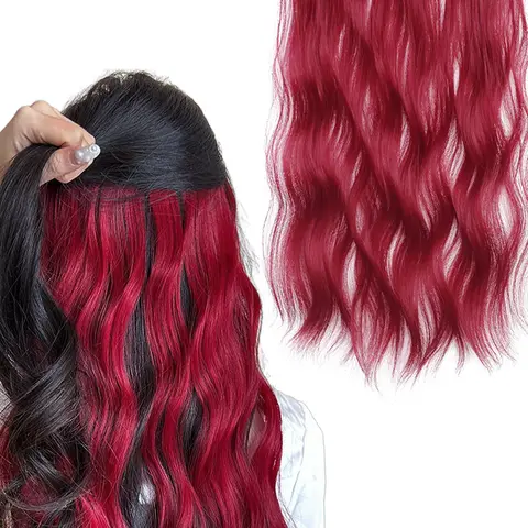 20-inch clip-in hair extensions, synthetic wig one-piece extension, natural water wave pattern, synthetic fiber, Wavy synthetic hair, suitable for women and girls' wig extensions, Halloween, Christmas parties, festivals, and everyday use, red, blue