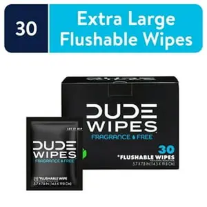 DUDE Products Wipes Flushable Wipes, Unscented, 30 Individually Wrapped Wipes