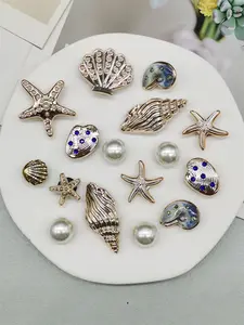 16pcs Abs Resin Ocean Nautical Style Starfish Shoe Charms Rhinestone Conch Seashell Shoes Buckles Decorations, Shoe Charms Decorative Artificial Bead Shell Shoe Accessories Diy Shoe Clips Women Sandals Decor Birthday Party Gifts(shoes Not Included)