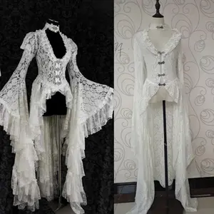Women’s Gothic White Retro Solid Color Lace Trumpet Sleeve Medieval Cardigan Role Play Elegant Long Tail Coat Victorian Ball Uniform