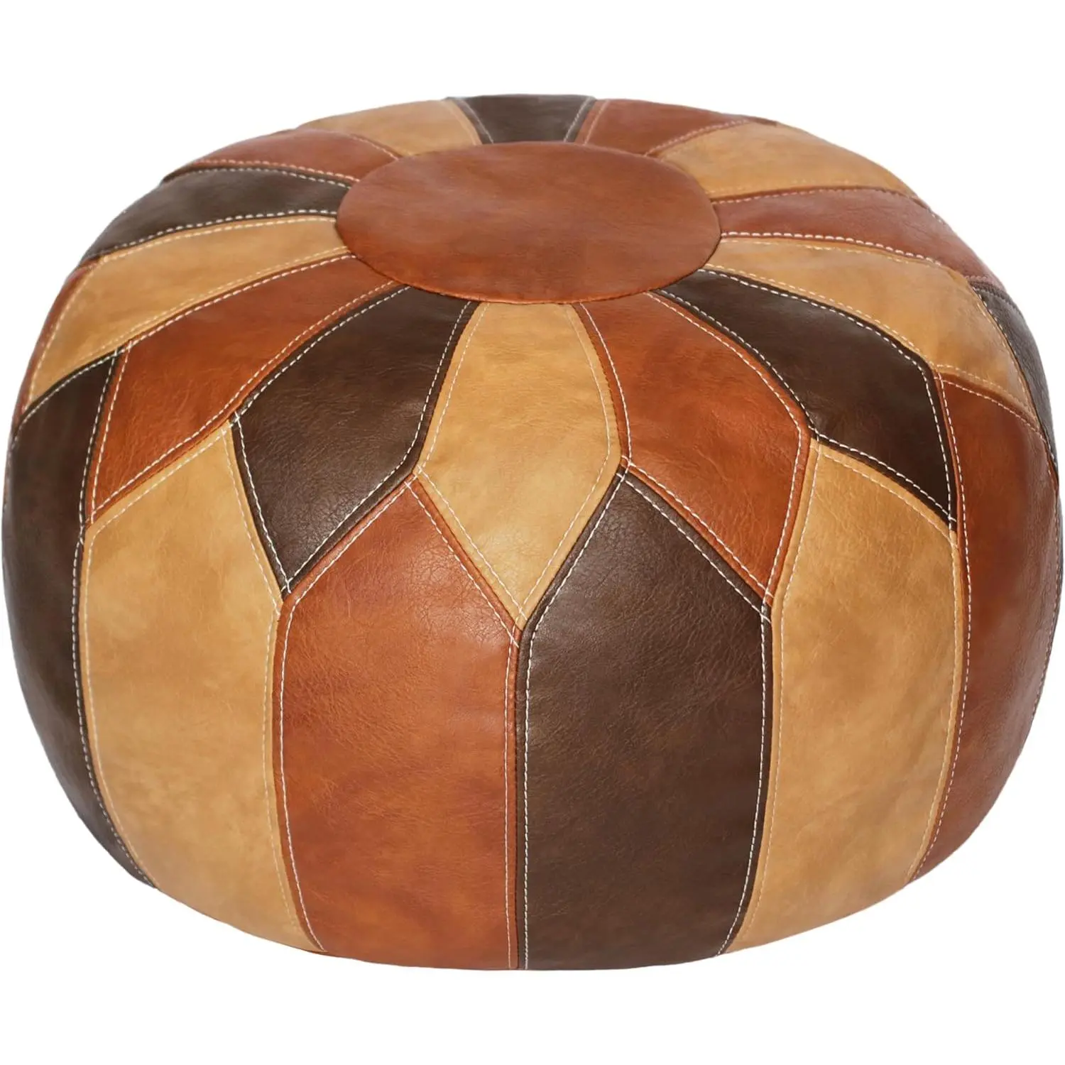 21”(50cm) Dia. x 13”(32cm) High Round Unstuffed Moroccan Synthetic Leather Storage Ottoman Stool - Handmade Boho Chic Durable Plush Organizer, Tricolor Room Decorative Accent - Multi-Use Footrest for Living Room, Wipeable Seasonal Clothing Storage, Room D