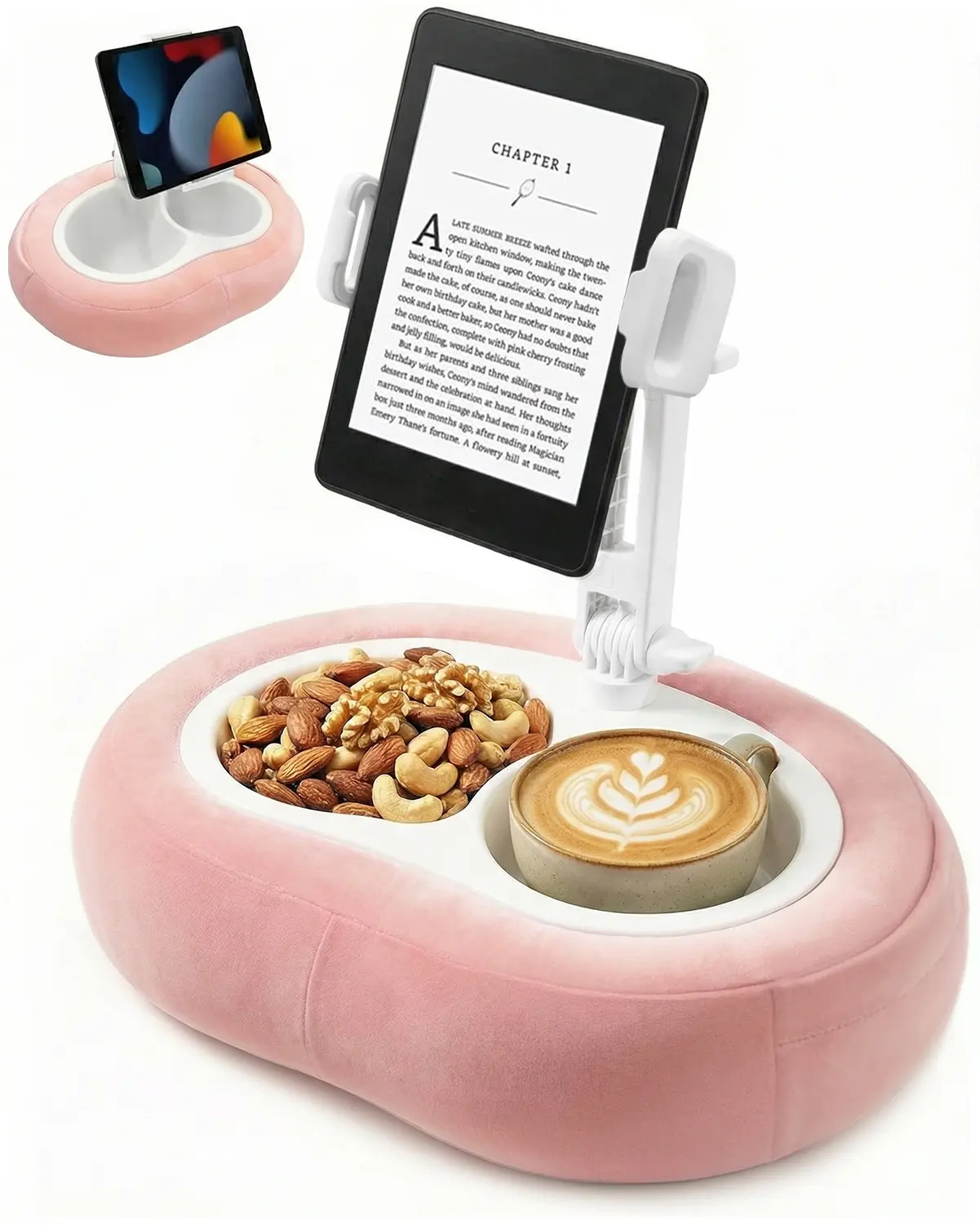 Miledi Tablet Pillow Stand, Compatible with 4.7"-12.9" Kindle, iPad, Phone/Tablet, Google, Samsung, 360° Rotating Phone Holder for Bed, Soft Plush Fabric, Detachable Bowl, Reading and Relaxation on Bed, Pink