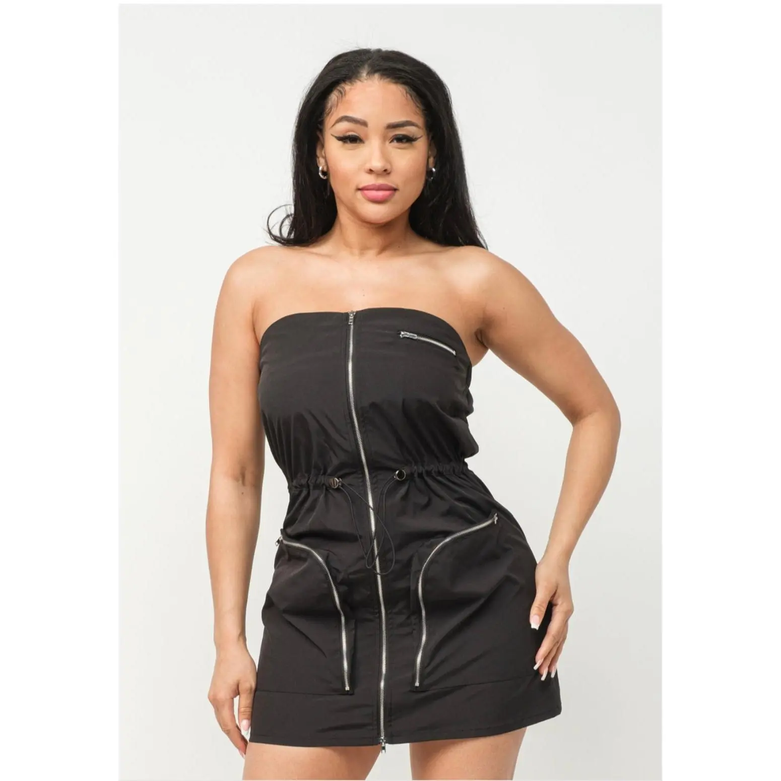 Front Zipper Side Pockets Detail Cargo Dress fitted floral Casual Womenswear