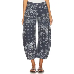 Free People x We The Free Good Luck Printed Barrel Jean in Navy Bandana