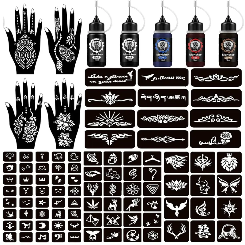 Temporary Tattoo Kits Henna kit 5 Inks 96 Stencils Cosmetic Grade for Women Men Kids DIY Art Painting Party Gifts