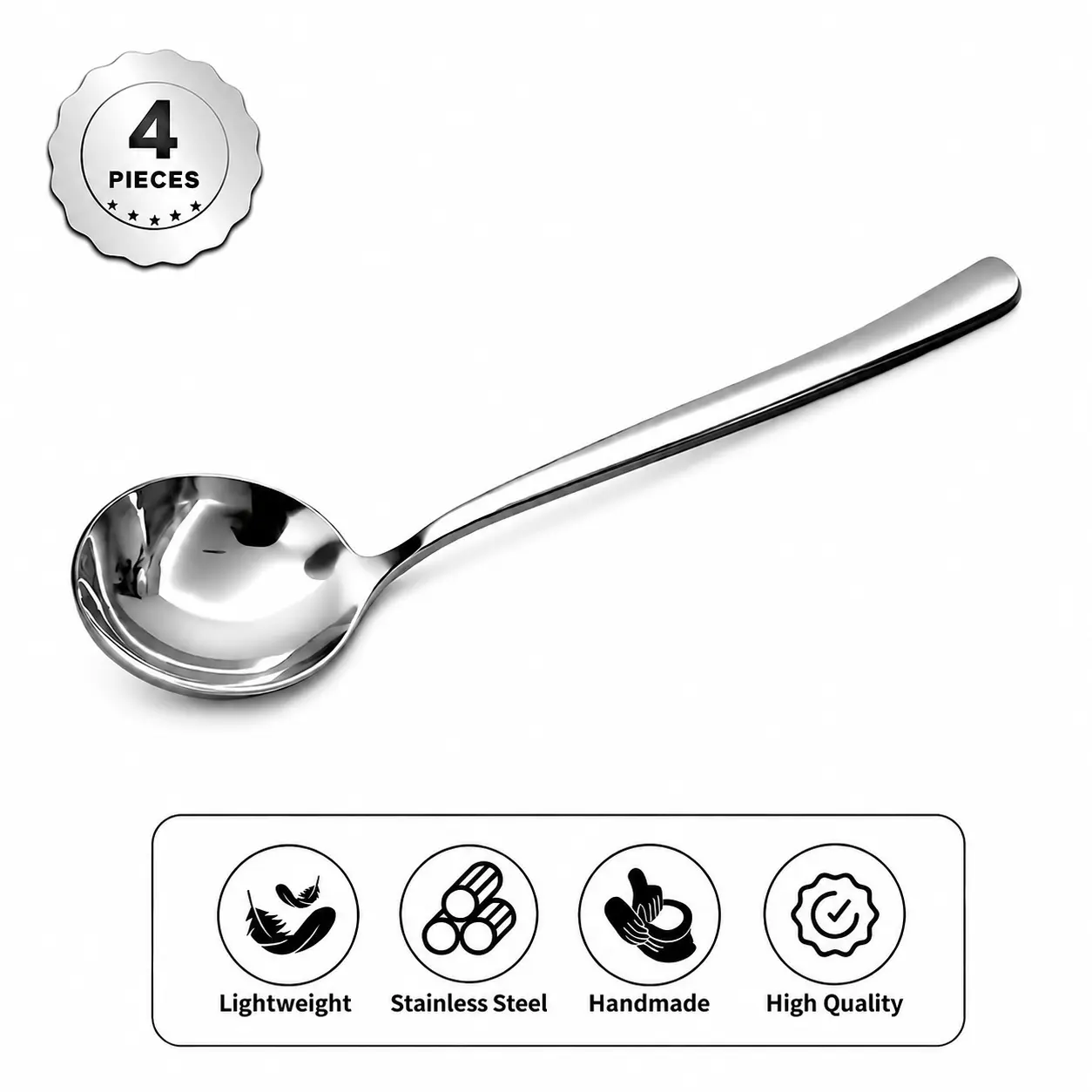 【AREL】4-Piece Stainless Steel Soup Spoon Cutlery Set, Heavy-Duty Metal Tableware for Soup, Ramen, Everyday Dining