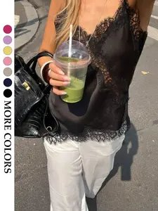 Women's Satin Lace Halter Top, V Neck Cross Stitched Lace Thin Shoulder Strap, Spring Summer Commuter Date Casual Vest, Aesthetic