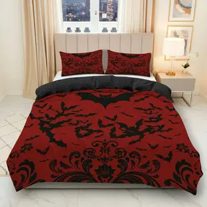 3PCS Duvet Cover Set, 1 Duvet+2 Pillowcases(Without filler), Bat Gothic Elegant Red Black theme, Halloween bedding set, Gothic Luxury Horror Bedspread Suitable for decoration Bedroom Hotel Guestroom Living Room.