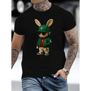 Casual Cotton Graphic Tees Featuring Vibrant Bunny Design for Men's Fashion