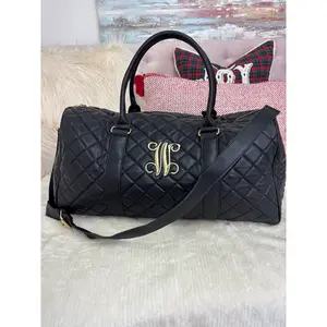 Embroidered Initial Black Quilted Duffle Bag