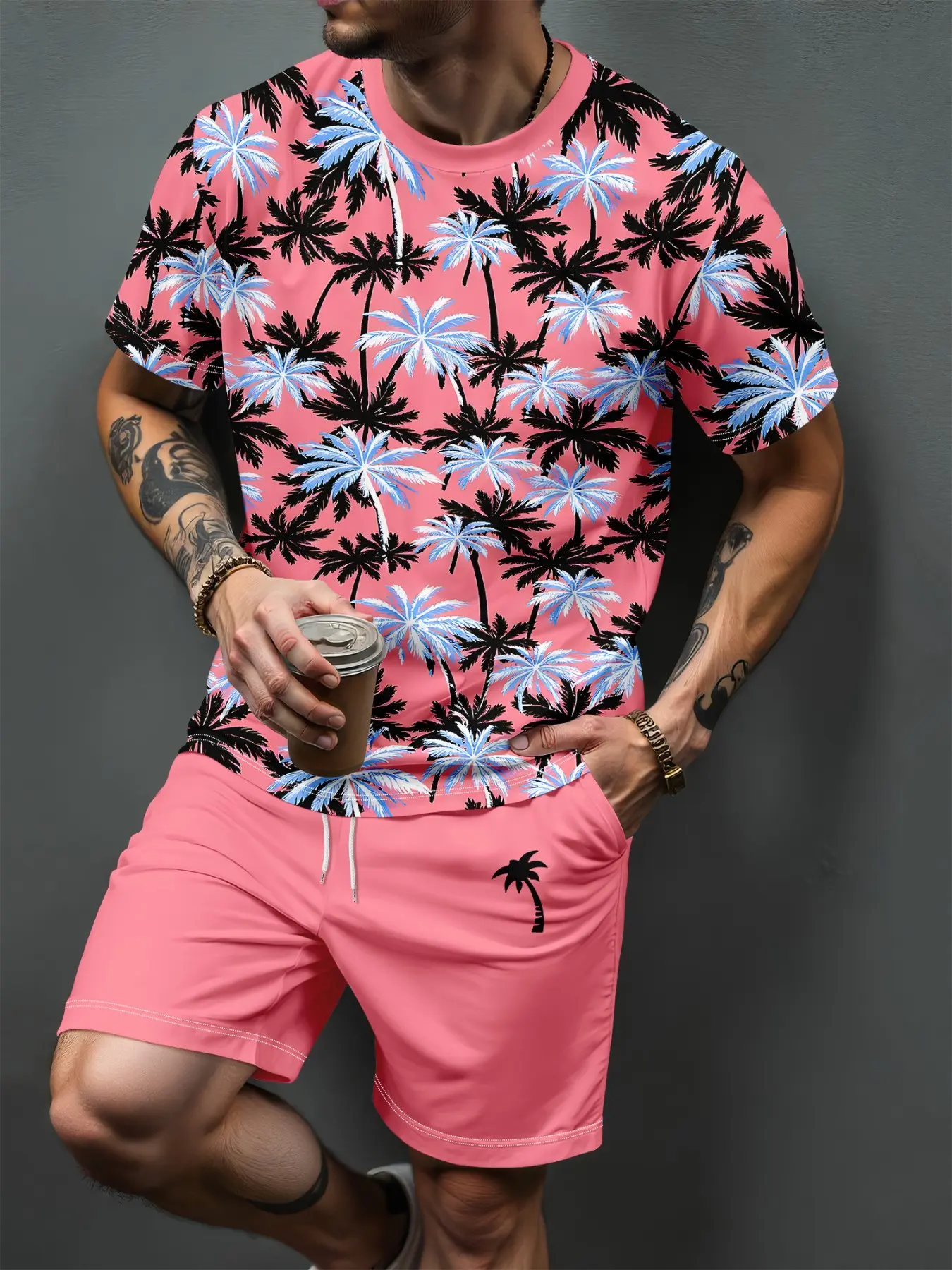 2-piece set, men's shorts and short sleeves set, palm tree print Tropical island style casual relaxed outfit