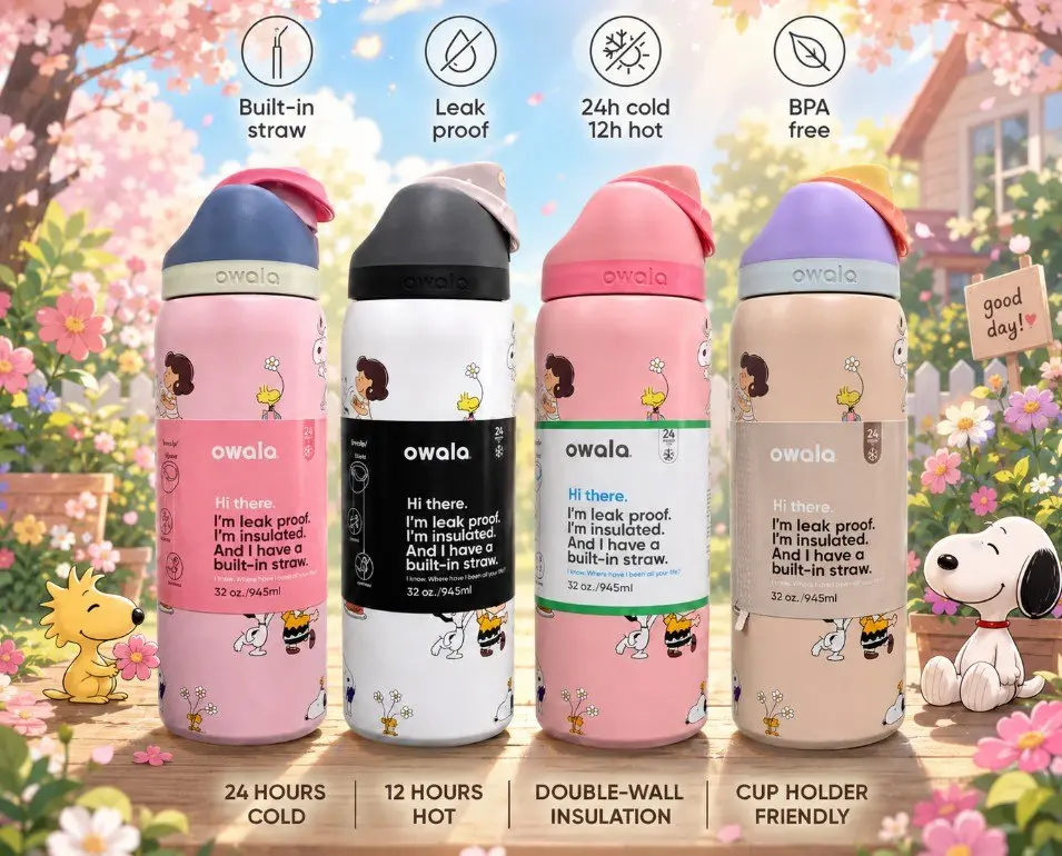 New 2026 summer OwalaFreeSip 32oz Black and White Cute Insulated Water Bottle, Leakproof Built-in Straw, BPA Free Stainless Steel Cup, 24H Cold 12H Hot Travel Gym Bottle#Owala