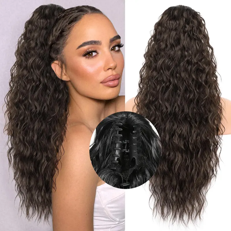 Female Curly Wave Long Synthetic Soft Hairpieces Ponytail Extension - 18/20/26in Natural, Lightweight, O-Phenylenediamine & Salts-Free, Adjustable Drawstring & Claw Clip Design for Ponytail Hairstyles, Easy-to-Use Clip-In Hair Solutions
